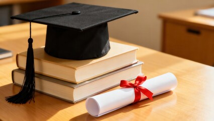 Black mortarboard graduation cap resting on a stack of two thick textbooks and a rolled white diploma tied with a bright red ribbon on a brown wooden desk.