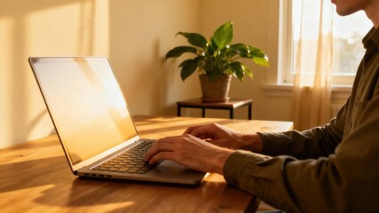 Adult using a silver laptop computer while typing on a polished wooden desk illuminated by warm golden hour sunlight.