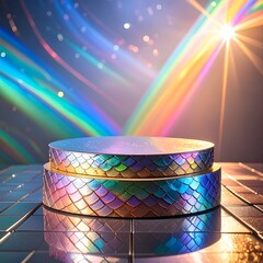A holographic podium with rainbow streaks and light burst background