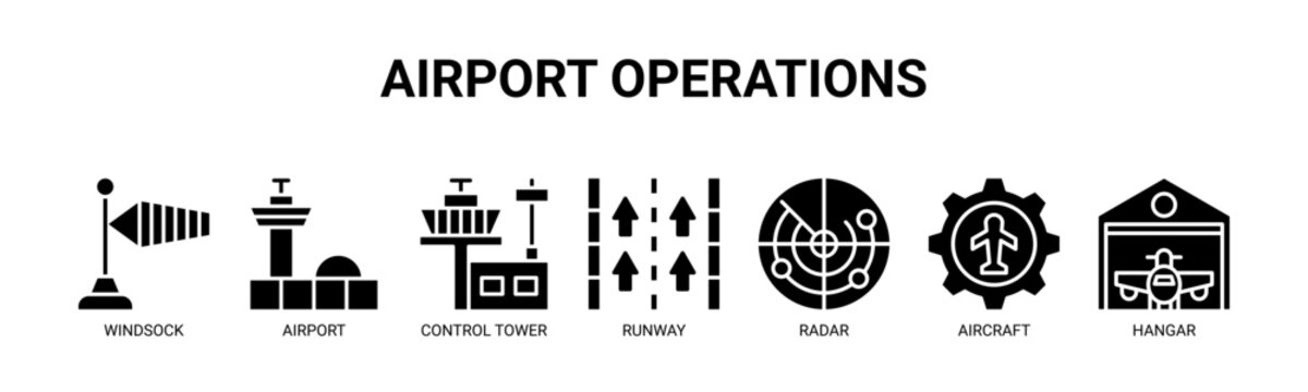 Airport Operations web banner icon vector illustration concept for airport operations management with icon of windsock, airport, control tower, runway, radar, aircraft, hangar.