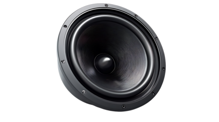 Black speaker component with metal rim on transparent background