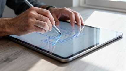 Male architect drafting blue schematic design lines with a white digital stylus on a shiny tablet device surface near a window.