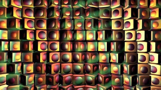 Abstract colorful 3d cube wall animation with glowing spheres inside seamless looping motion background for vj and tech