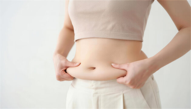お腹の脂肪をつまんで気にするダイエット前の女性