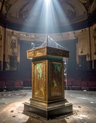 Abandoned auditorium stage, old podium, dusty interior, light beams