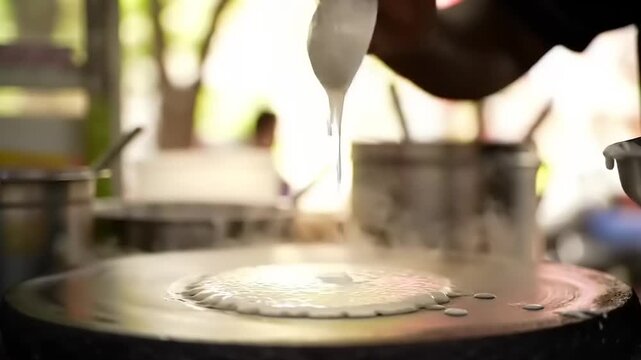 Making Dosa on hot plate in street food.