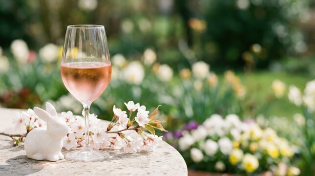 Spring easter celebration with wine and blossoms in a garden setting. Horizontal banner. Copy space. Free space for text