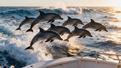 Seven gray dolphins leap synchronously above crashing blue ocean waves viewed from a speeding white boat during dramatic golden hour.