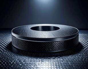 A textured, metallic donut-shaped object on a reflective surface