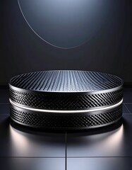 Futuristic platform in a dark, minimalist setting with circular elements