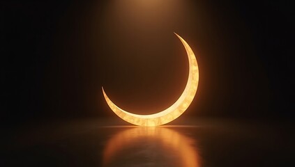 Golden Crescent Moon on Dark Reflective Surface: Ramadan Theme.