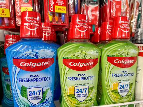 Dnipro, Ukraine &ndash; June 8, 2025: Colgate mouthwash bottles on a store shelf.