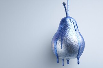 Gleaming Pear in Vivid Hue: A pear, its surface shimmering with a bold, eye-catching shade of blue, drips with liquid paint, exuding a modern and artistic appeal. 