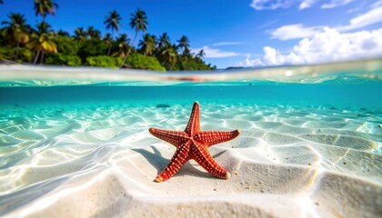 A vibrant starfish rests on the golden sand of a tropical paradise beach as gentle ocean waves touch the shore under a clear summer sky