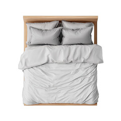 Overhead view of a neatly made bed with a wooden frame and white linens