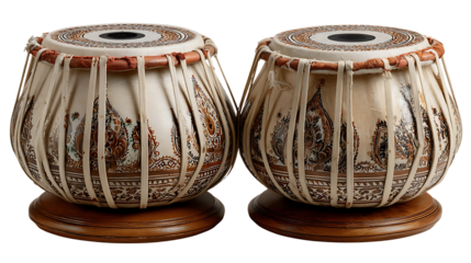 Traditional Indian Tabla Drums with Intricate Designs on Transparent Background