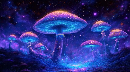 Glowing mushrooms in a mystical night forest