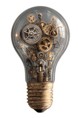 A clear glass lightbulb filled with intricate, brass clockwork mechanisms