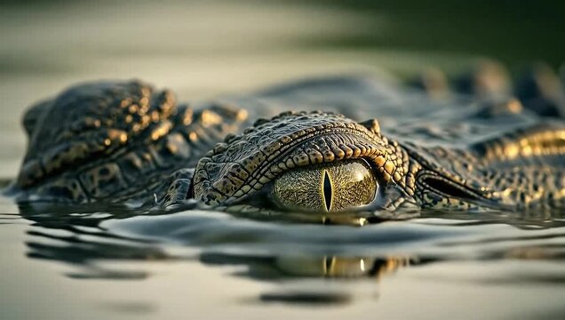 Close up of a crocodiles eye emerging from murky water.