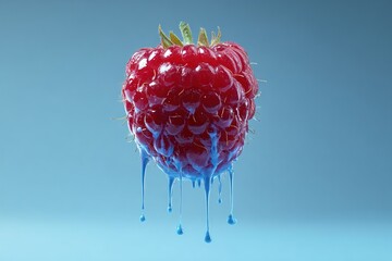 Vivid Raspberry and Flowing Paint: A close-up captures a ripe, juicy raspberry adorned with a vibrant blue liquid, cascading down and creating a striking visual contrast.