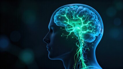 Visualization of glowing neon green neural pathways inside a translucent blue human head profile on a black background.