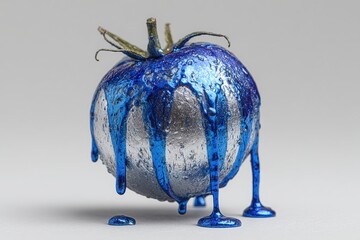 Dripping blue tomato: An unusual and eye-catching tomato with a metallic silver surface and vibrant blue paint dripping down its form, a modern and unique take on food photography.