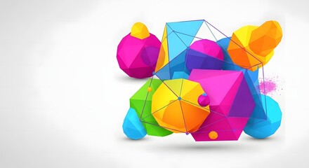 A colorful 3D geometric shapes composition with various polygons and spheres on a white background with a vibrant mood.holi festival background