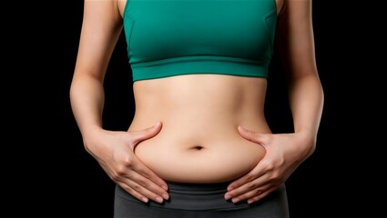 ウエストの余分な脂肪を両手でつまむスポーツウェアの女性