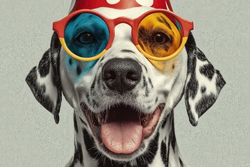 Dalmatian's Party: a joyful dog is ready to celebrate with colored glasses and a party hat, portraying a vibrant and joyous atmosphere.