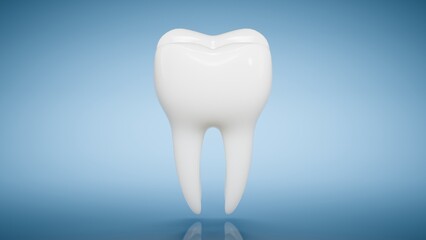 Minimal 3D illustration of a single white tooth on blue background. Clean dental visual for oral health, medical design