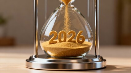 Hourglass sand timer featuring three-dimensional numbers 2026 inside the bottom glass globe, symbolizing passing time.