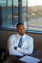 Fototapeta premium Arms crossed, businessman or thinking with notes in office for planning, lawsuit decision or ideas. Lawyer, black person and notepad with reflection on justice, will preparation or contemplating case