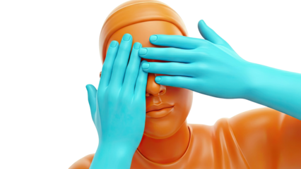 3D Render of Figure Covering Eyes with Blue Hands