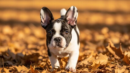 Curious French Bulldog Puppy Exploring Autumn Park Leaves in Warm Golden Light