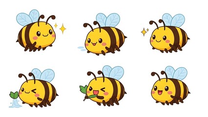 Fototapeta premium Collection of six cartoon bees with various expressions and emojis on a white background. kawaii animals