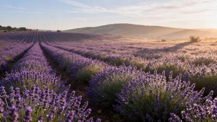 Obraz premium Golden morning sun illuminating endless purple lavender farm rows covered with sparkling dewdrops across a misty rural landscape.