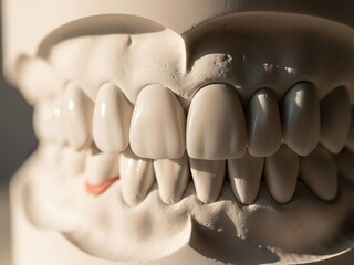 Dental model with white teeth and red gum detail.