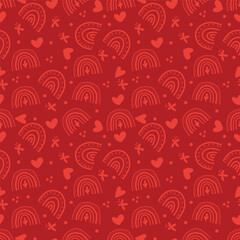 Vector seamless pattern. Rainbow and hearts. Cartoon style, hand-drawn hearts and doodles representing love.