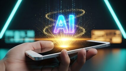 Futuristic AI Concept - Hand Holding Smartphone with Glowing AI Text.