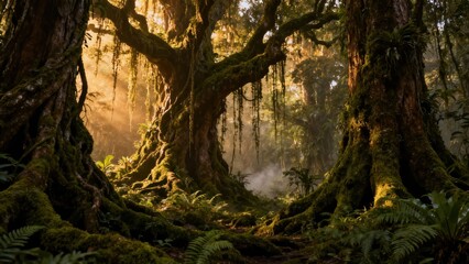 Golden sunbeams penetrate the dense jungle canopy, illuminating ancient moss-covered tree trunks and tangled roots.