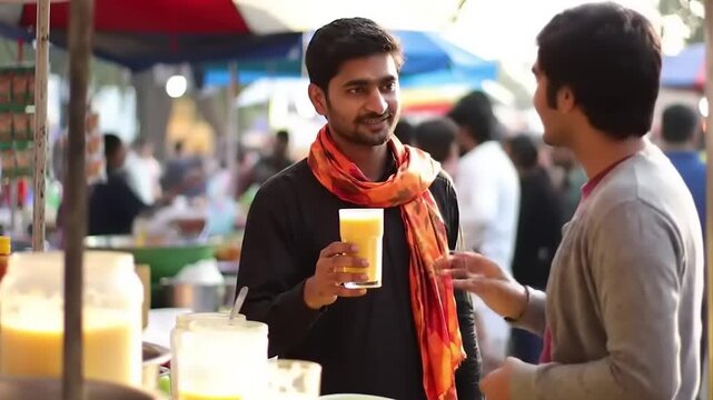 Man drinking mango lassi at a street stall.