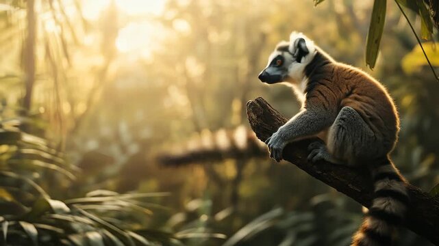 Ring tailed lemur perched on branch in sunlit forest habitat environment