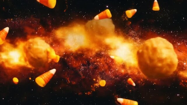 Abstract candy corn floating in a fiery cosmic landscape with soft textures