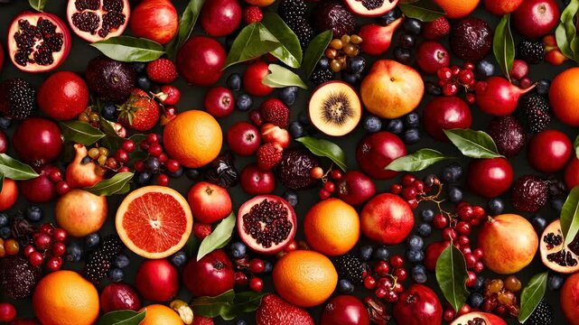 Vibrant citrus orange pomegranate apple cherry blueberry cranberry grape red currant bursting color dark background with fresh leaves and vibrant