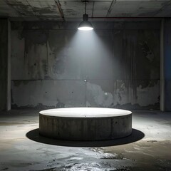 A circular stage illuminated by a single overhead light in a concrete space