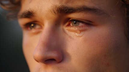 Close up of a young person s expressive green eye with a single tear tracing down their cheek illuminated by warm golden hour light