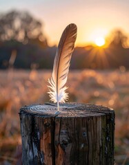 A single feather stands on a wooden post against a sunset backdrop