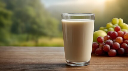 A clear glass of creamy drink rests on a wooden table beside fresh fruit with a soft blurred natural backdrop