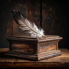 Quill feather atop a weathered wooden box against a textured backdrop