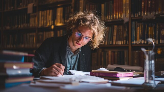 Man with glasses is sitting at a desk in a library, writing in a notebook. Concept of focus and concentration, as the man is deeply engaged in his work. The library setting suggests a quiet - Powered by Adobe